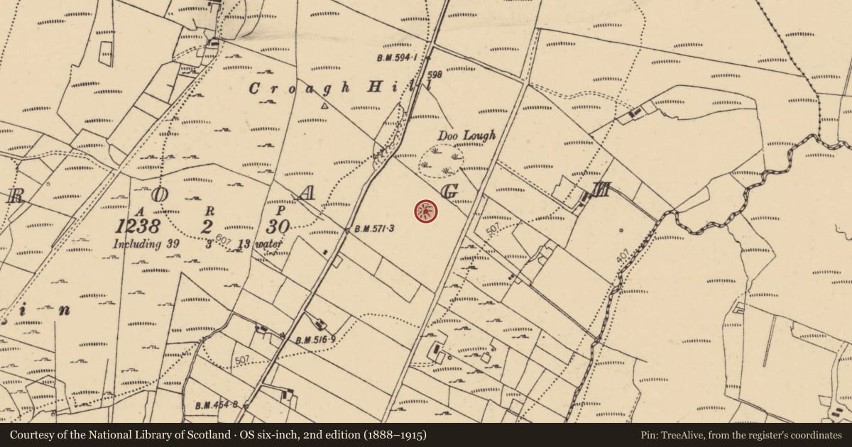 Ordnance Survey six-inch map, 2nd edition (1888–1915) covering the location of Enclosure, Croagh, County Donegal, with a pin at the register's coordinates