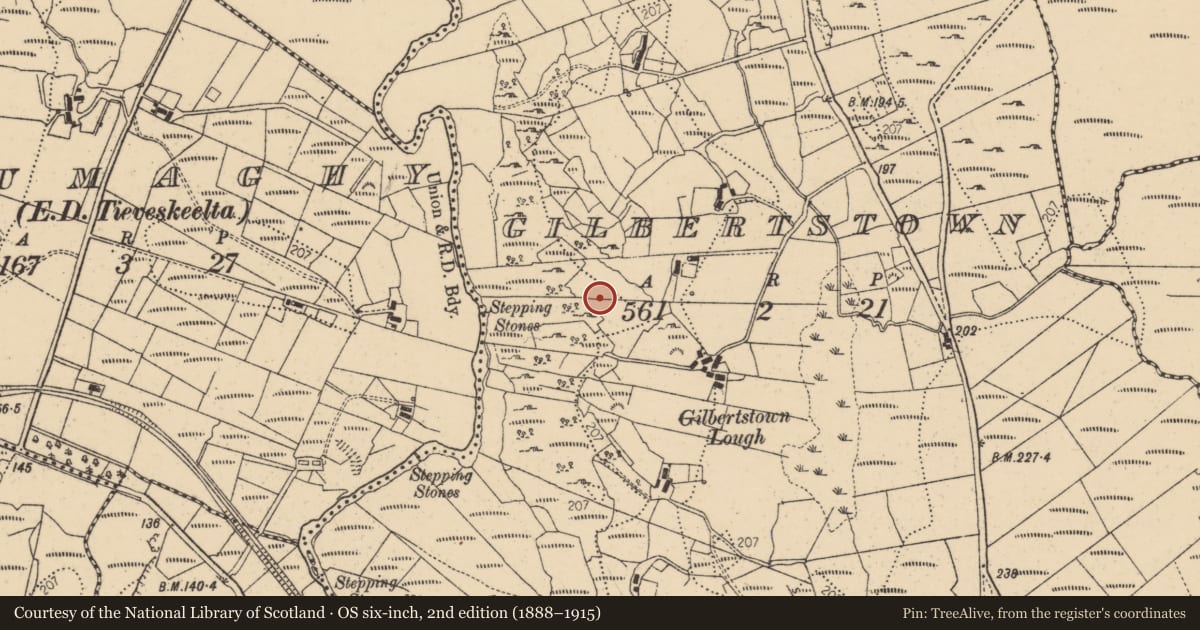 Ordnance Survey six-inch map, 2nd edition (1888–1915) covering the location of Megalithic tomb - portal tomb, Gilbertstown, County Donegal, with a pin at the register's coordinates
