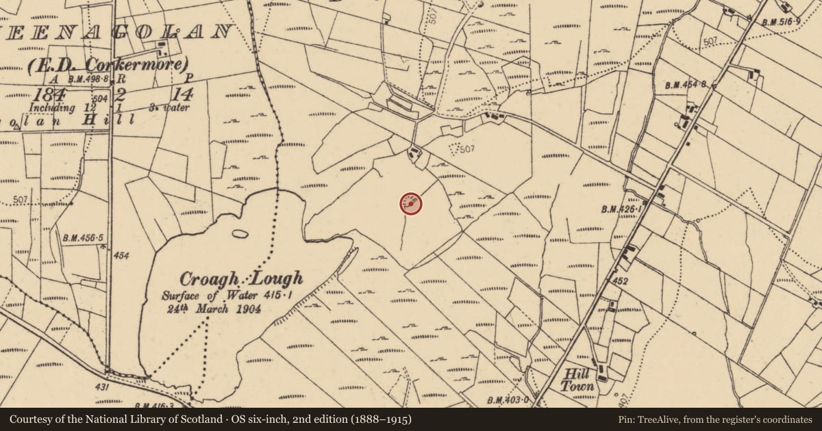 Ordnance Survey six-inch map, 2nd edition (1888–1915) covering the location of Promontory fort - inland, Croagh, County Donegal, with a pin at the register's coordinates