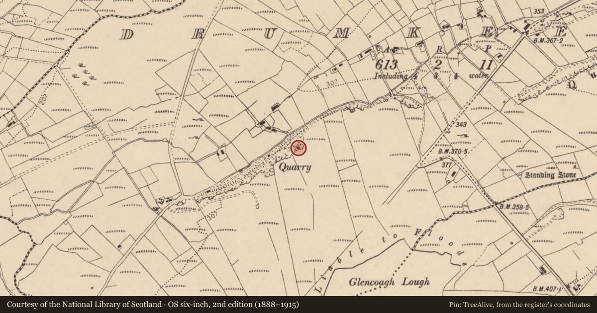 Ordnance Survey six-inch map, 2nd edition (1888–1915) covering the location of Megalithic tomb - unclassified, Drumkeelan, County Donegal, with a pin at the register's coordinates