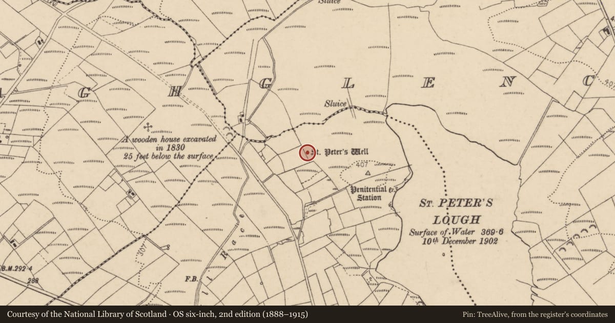 Ordnance Survey six-inch map, 2nd edition (1888–1915) covering the location of Ritual site - holy well, Mountcharles, County Donegal, with a pin at the register's coordinates