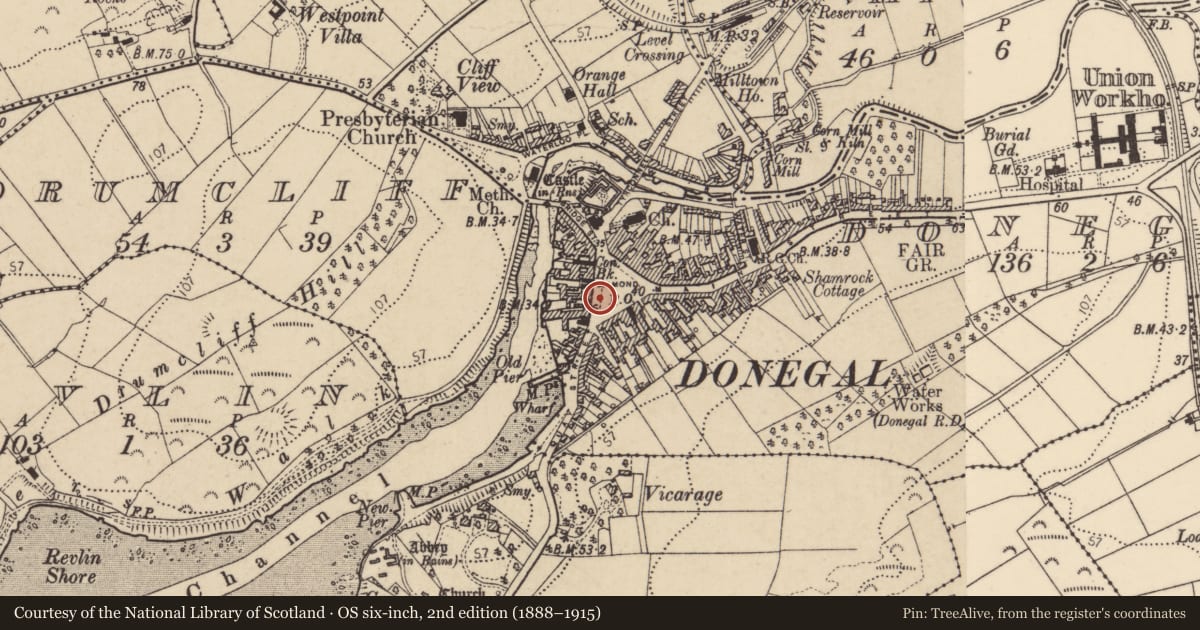 Ordnance Survey six-inch map, 2nd edition (1888–1915) covering the location of Historic town, Donegal, Glebe, County Donegal, with a pin at the register's coordinates