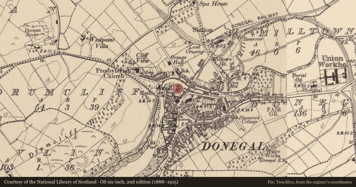 Ordnance Survey six-inch map, 2nd edition (1888–1915) covering the location of Castle - tower house, Donegal, with a pin at the register's coordinates