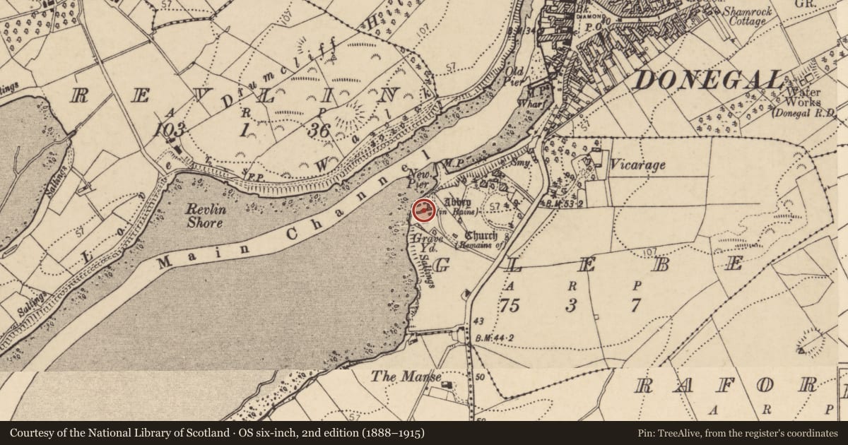 Ordnance Survey six-inch map, 2nd edition (1888–1915) covering the location of Religious house - Franciscan friars, Glebe, County Donegal, with a pin at the register's coordinates