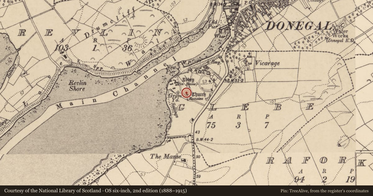 Ordnance Survey six-inch map, 2nd edition (1888–1915) covering the location of Church, Glebe, County Donegal, with a pin at the register's coordinates