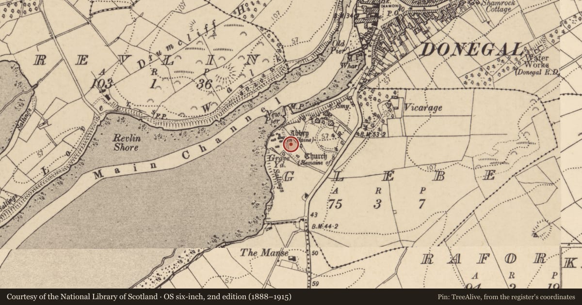 Ordnance Survey six-inch map, 2nd edition (1888–1915) covering the location of Graveyard, Glebe, County Donegal, with a pin at the register's coordinates