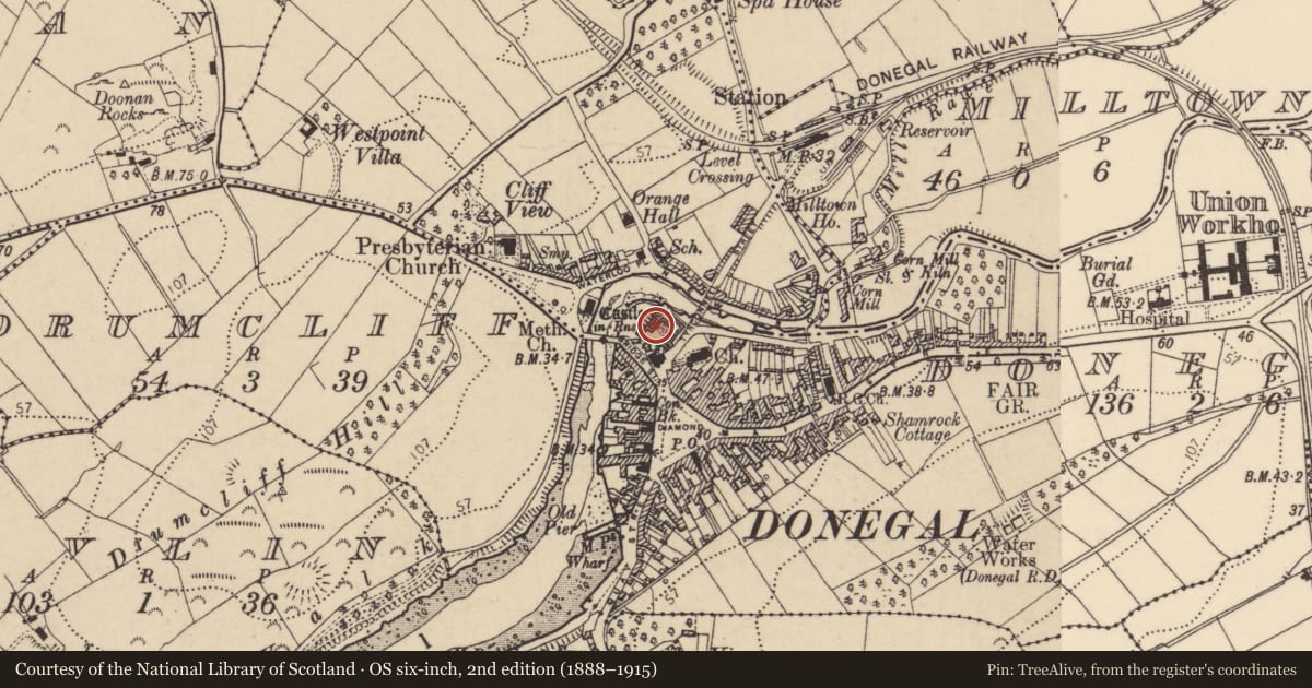 Ordnance Survey six-inch map, 2nd edition (1888–1915) covering the location of Bawn, Donegal, with a pin at the register's coordinates
