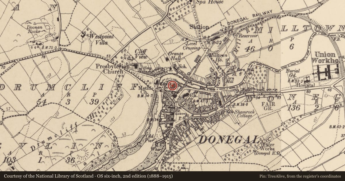Ordnance Survey six-inch map, 2nd edition (1888–1915) covering the location of House - 16th/17th century, Donegal, with a pin at the register's coordinates