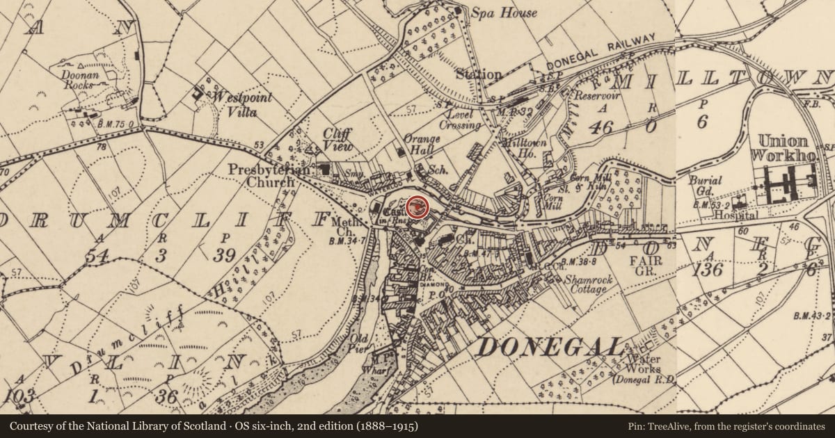 Ordnance Survey six-inch map, 2nd edition (1888–1915) covering the location of Burial ground, Donegal, with a pin at the register's coordinates
