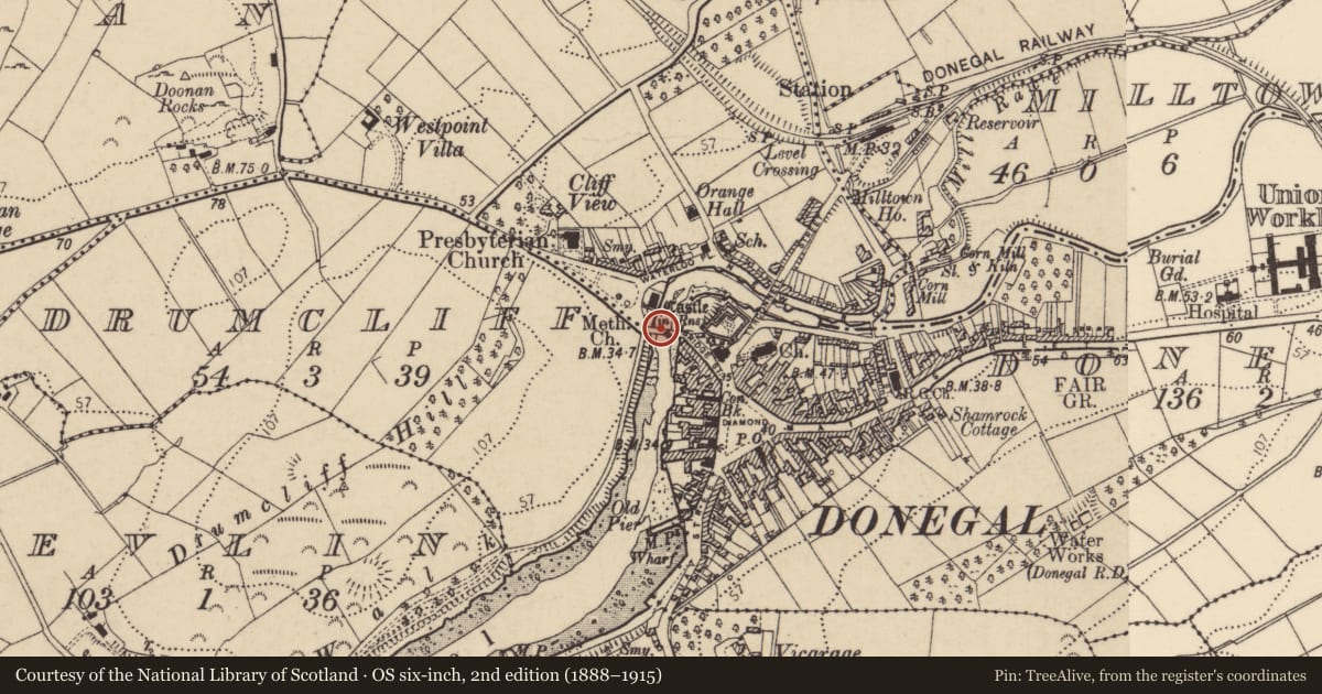 Ordnance Survey six-inch map, 2nd edition (1888–1915) covering the location of Bridge, County Donegal, with a pin at the register's coordinates