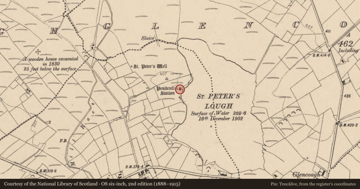 Ordnance Survey six-inch map, 2nd edition (1888–1915) covering the location of Penitential station, Mountcharles, County Donegal, with a pin at the register's coordinates
