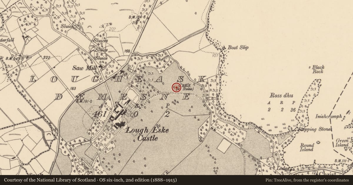 Ordnance Survey six-inch map, 2nd edition (1888–1915) covering the location of Bawn, Lougheask Demesne, County Donegal, with a pin at the register's coordinates