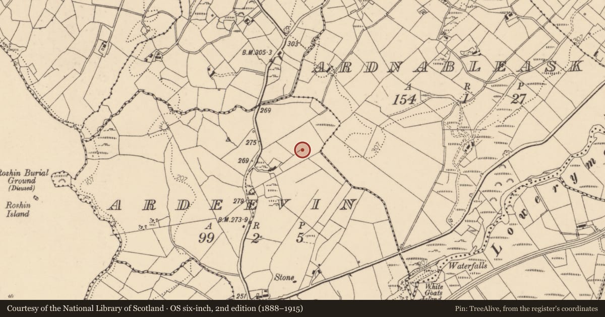 Ordnance Survey six-inch map, 2nd edition (1888–1915) covering the location of Enclosure, Ardeevin, County Donegal, with a pin at the register's coordinates