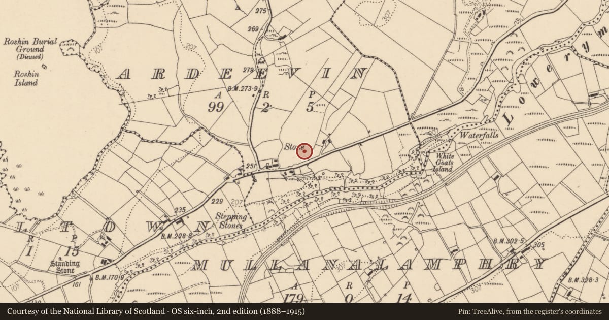 Ordnance Survey six-inch map, 2nd edition (1888–1915) covering the location of Standing stone, Ardeevin, County Donegal, with a pin at the register's coordinates