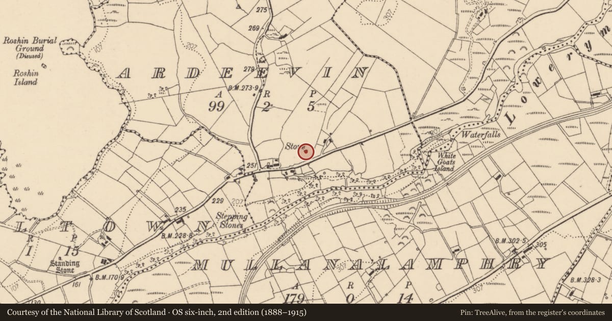 Ordnance Survey six-inch map, 2nd edition (1888–1915) covering the location of Mound, Ardeevin, County Donegal, with a pin at the register's coordinates
