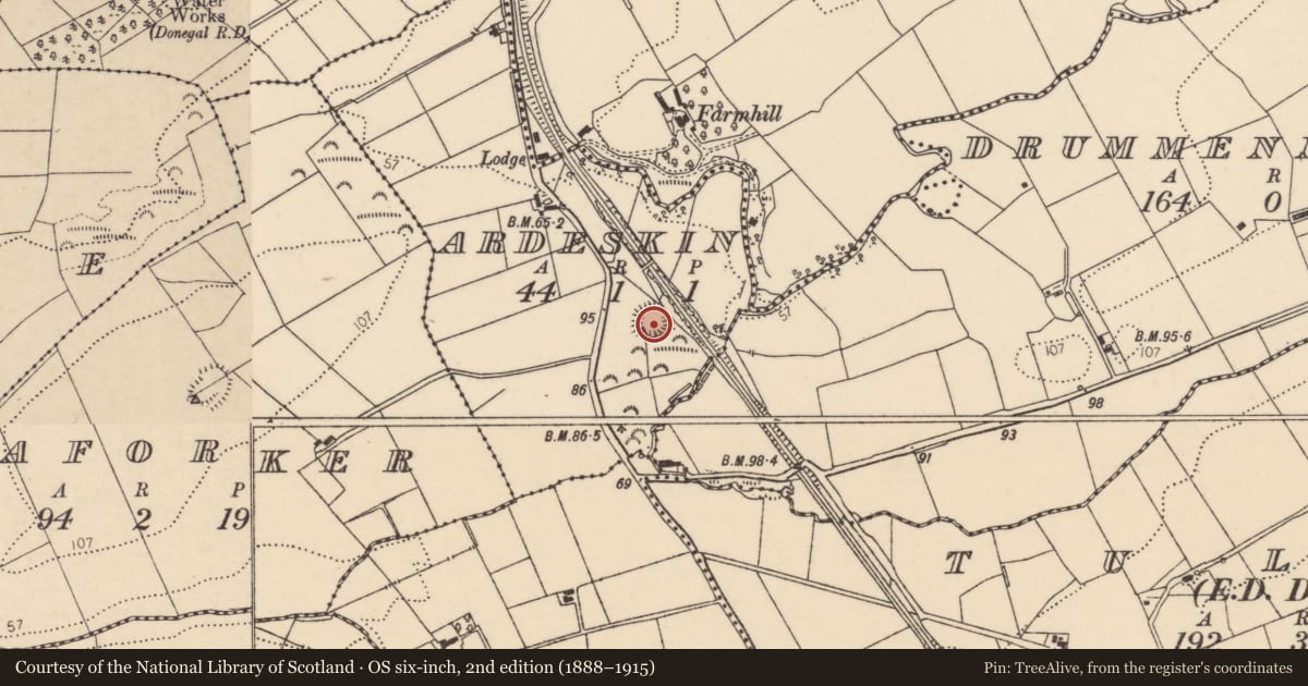 Ordnance Survey six-inch map, 2nd edition (1888–1915) covering the location of Ringfort - rath, Ardeskin, County Donegal, with a pin at the register's coordinates