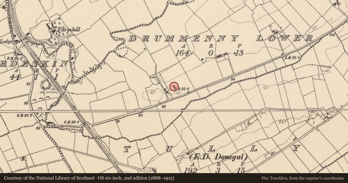 Ordnance Survey six-inch map, 2nd edition (1888–1915) covering the location of Habitation site, Drummenny Lower, County Donegal, with a pin at the register's coordinates