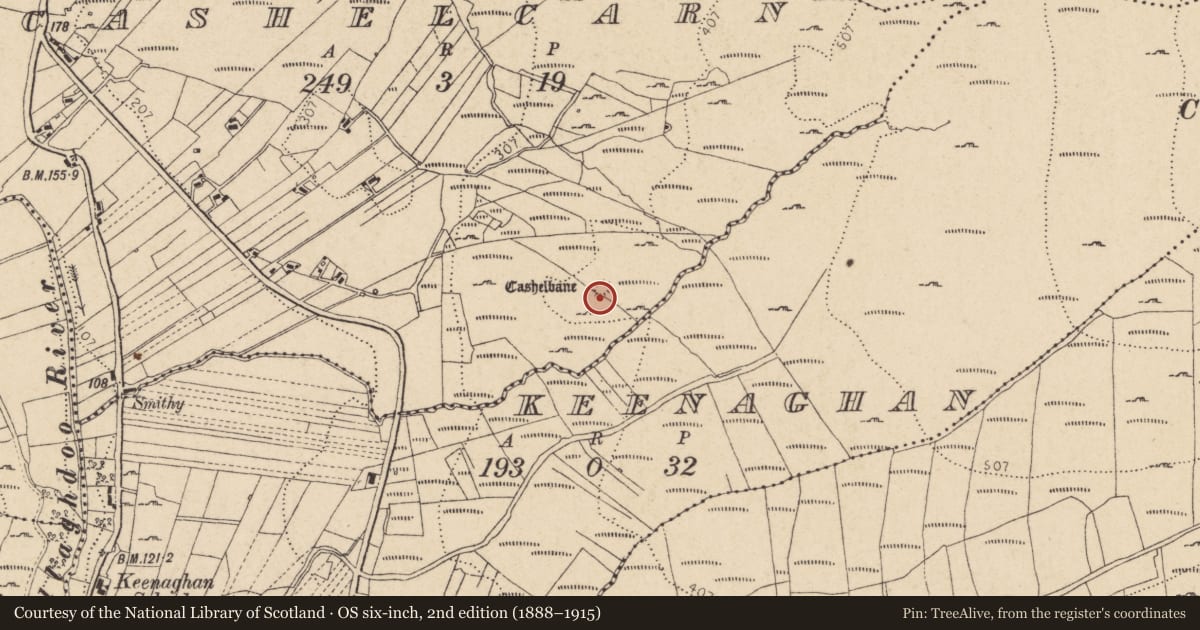 Ordnance Survey six-inch map, 2nd edition (1888–1915) covering the location of Building, Caiseal Charna, County Donegal, with a pin at the register's coordinates