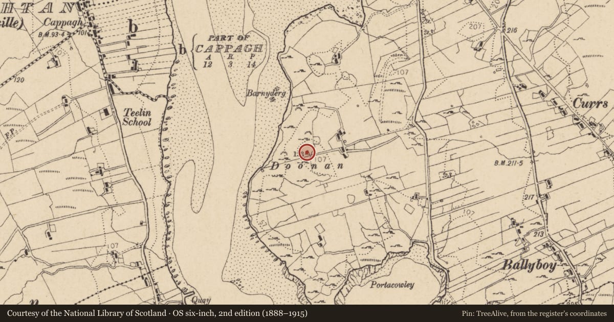 Ordnance Survey six-inch map, 2nd edition (1888–1915) covering the location of Hut site, Doire Leathan, County Donegal, with a pin at the register's coordinates