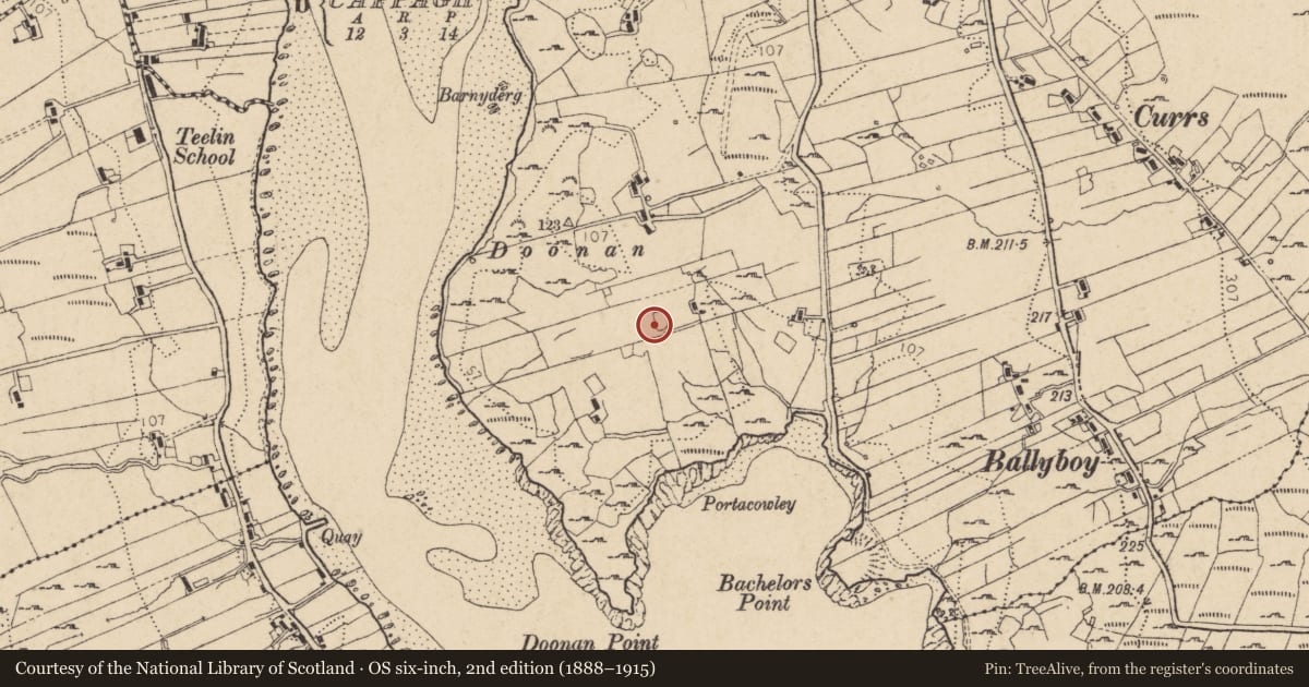 Ordnance Survey six-inch map, 2nd edition (1888–1915) covering the location of Burial ground, Doire Leathan, County Donegal, with a pin at the register's coordinates