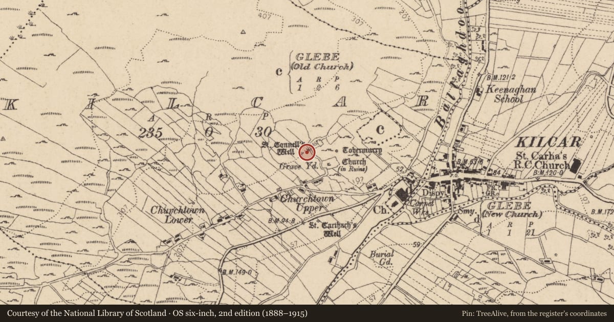 Ordnance Survey six-inch map, 2nd edition (1888–1915) covering the location of Ritual site - holy well, Cill Charthaigh, County Donegal, with a pin at the register's coordinates