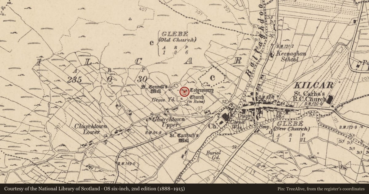 Ordnance Survey six-inch map, 2nd edition (1888–1915) covering the location of Ritual site - holy well, Cill Charthaigh, County Donegal, with a pin at the register's coordinates