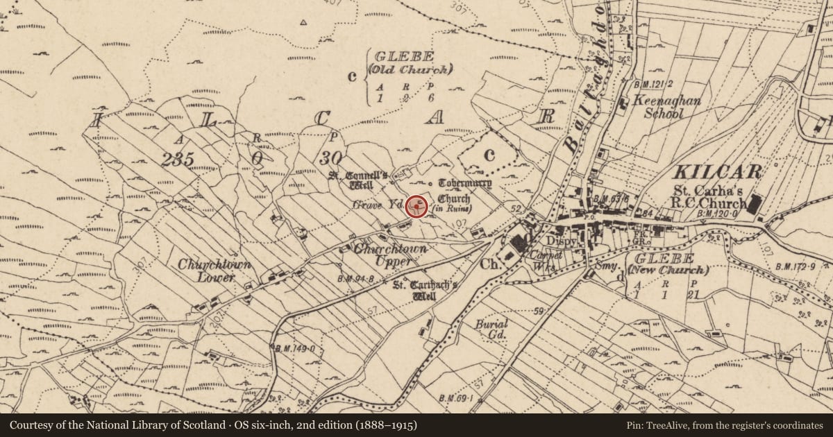 Ordnance Survey six-inch map, 2nd edition (1888–1915) covering the location of Cross, Cill Charthaigh, County Donegal, with a pin at the register's coordinates
