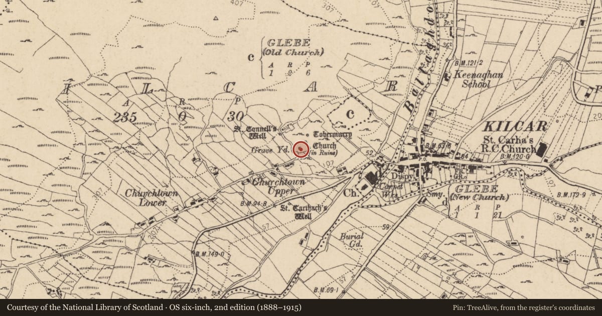 Ordnance Survey six-inch map, 2nd edition (1888–1915) covering the location of Bullaun stone, Cill Charthaigh, County Donegal, with a pin at the register's coordinates