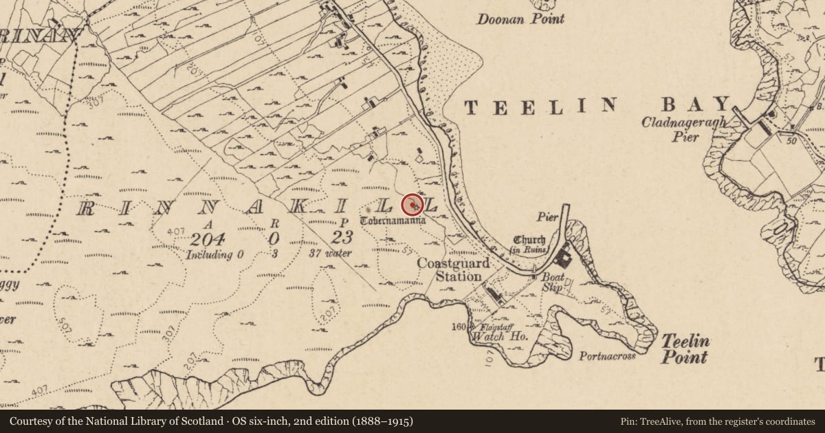 Ordnance Survey six-inch map, 2nd edition (1888–1915) covering the location of Ritual site - holy well, Rann Na Cille, County Donegal, with a pin at the register's coordinates