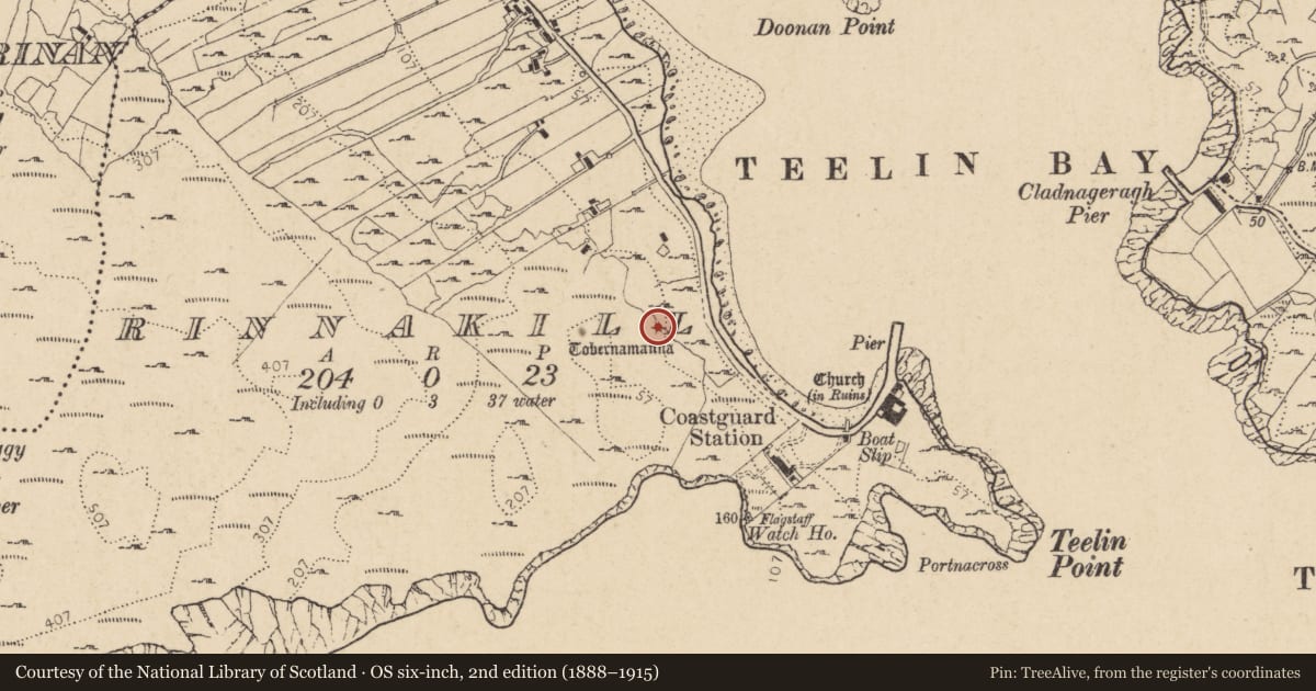 Ordnance Survey six-inch map, 2nd edition (1888–1915) covering the location of Penitential station, Rann Na Cille, County Donegal, with a pin at the register's coordinates
