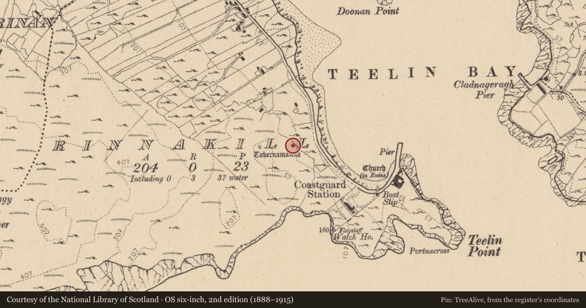 Ordnance Survey six-inch map, 2nd edition (1888–1915) covering the location of Cross, Rann Na Cille, County Donegal, with a pin at the register's coordinates