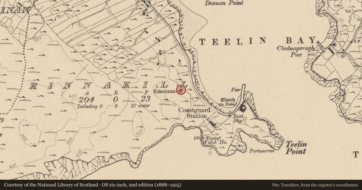 Ordnance Survey six-inch map, 2nd edition (1888–1915) covering the location of Ritual site - holy well, Rann Na Cille, County Donegal, with a pin at the register's coordinates