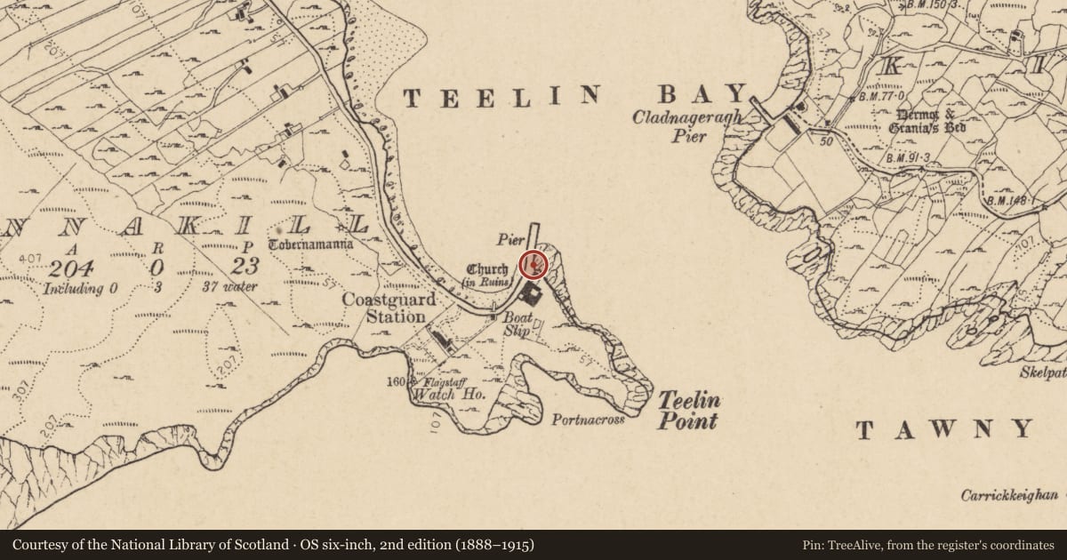 Ordnance Survey six-inch map, 2nd edition (1888–1915) covering the location of Church, Rann Na Cille, County Donegal, with a pin at the register's coordinates