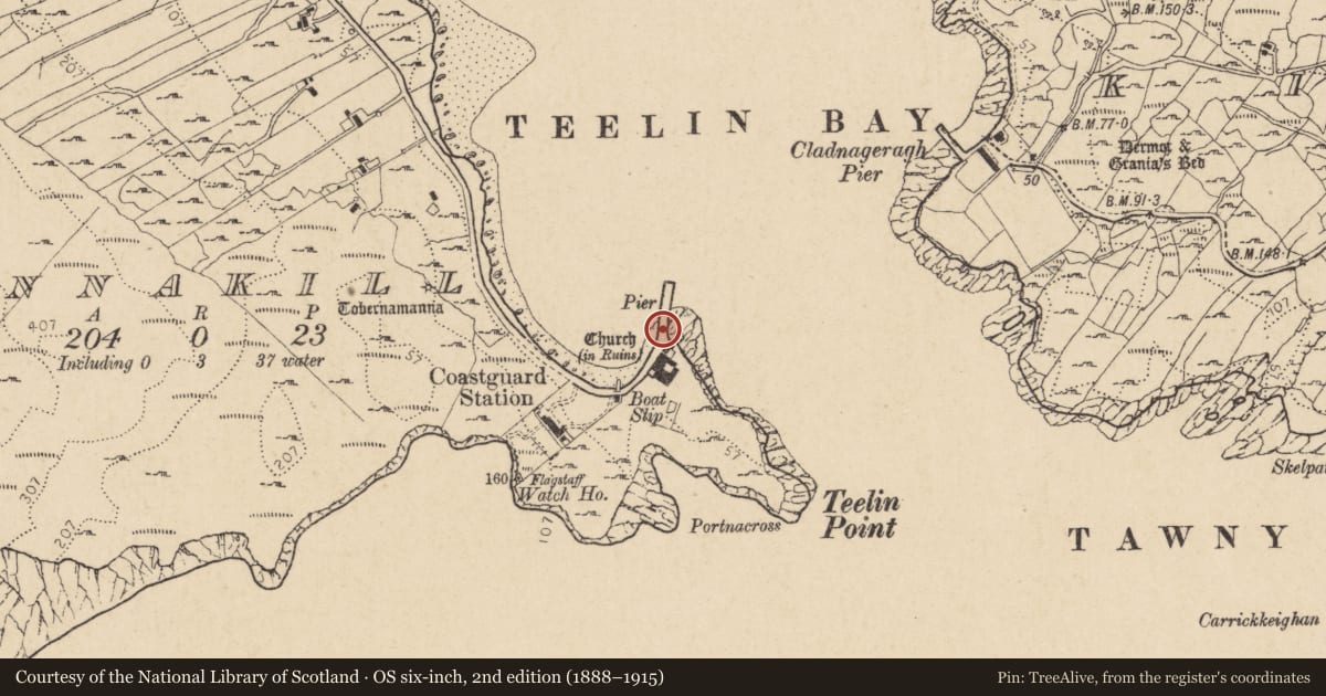 Ordnance Survey six-inch map, 2nd edition (1888–1915) covering the location of Graveyard, Rann Na Cille, County Donegal, with a pin at the register's coordinates