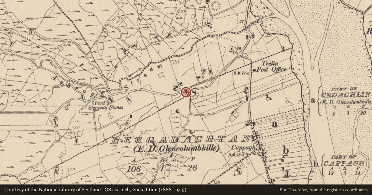 Ordnance Survey six-inch map, 2nd edition (1888–1915) covering the location of Bullaun stone, Leirg An Dachtáin (TC Gleann Cholm Cille), County Donegal, with a pin at the register's coordinates