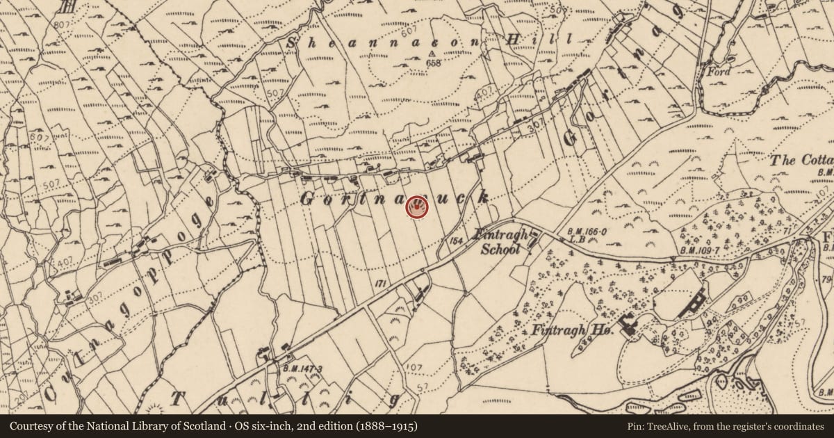 Ordnance Survey six-inch map, 2nd edition (1888–1915) covering the location of Souterrain, Fintragh, County Donegal, with a pin at the register's coordinates