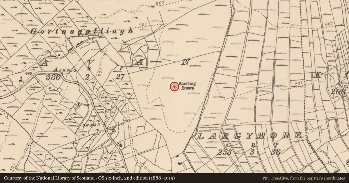 Ordnance Survey six-inch map, 2nd edition (1888–1915) covering the location of Standing stone, Bavan, County Donegal, with a pin at the register's coordinates