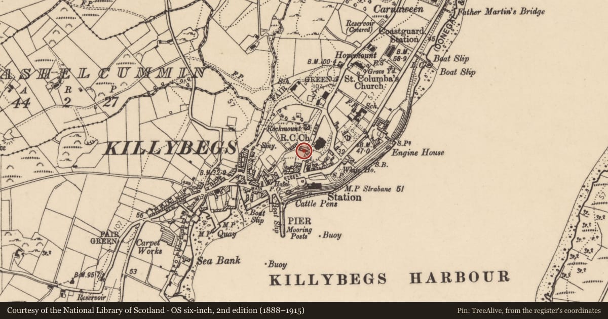 Ordnance Survey six-inch map, 2nd edition (1888–1915) covering the location of Historic town, Corporation, Killybegs, County Donegal, with a pin at the register's coordinates