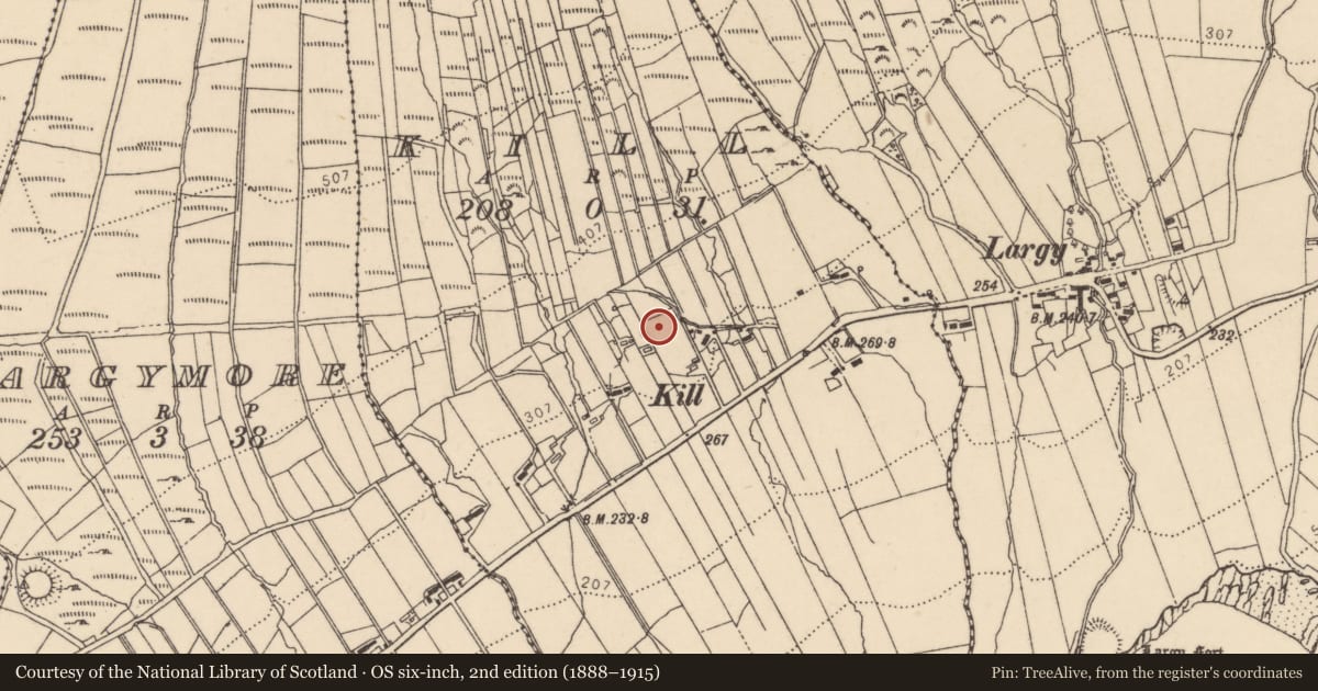 Ordnance Survey six-inch map, 2nd edition (1888–1915) covering the location of Burial ground, Kill, County Donegal, with a pin at the register's coordinates