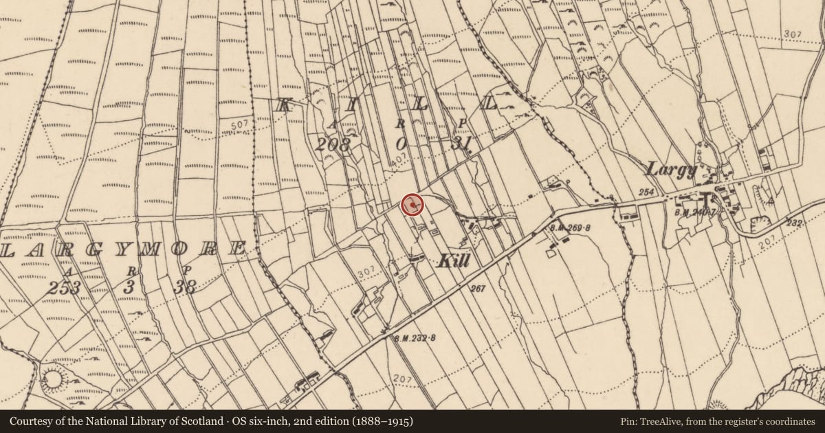 Ordnance Survey six-inch map, 2nd edition (1888–1915) covering the location of Ritual site - holy well, Kill, County Donegal, with a pin at the register's coordinates