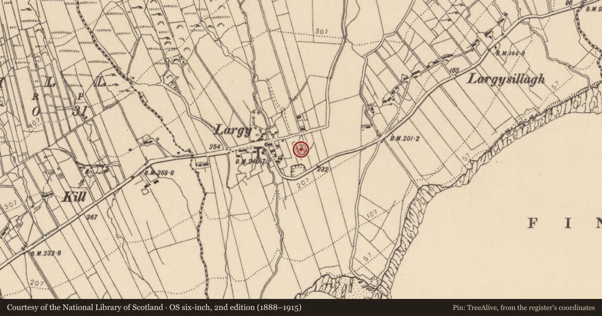 Ordnance Survey six-inch map, 2nd edition (1888–1915) covering the location of Enclosure, Largysillagh, County Donegal, with a pin at the register's coordinates