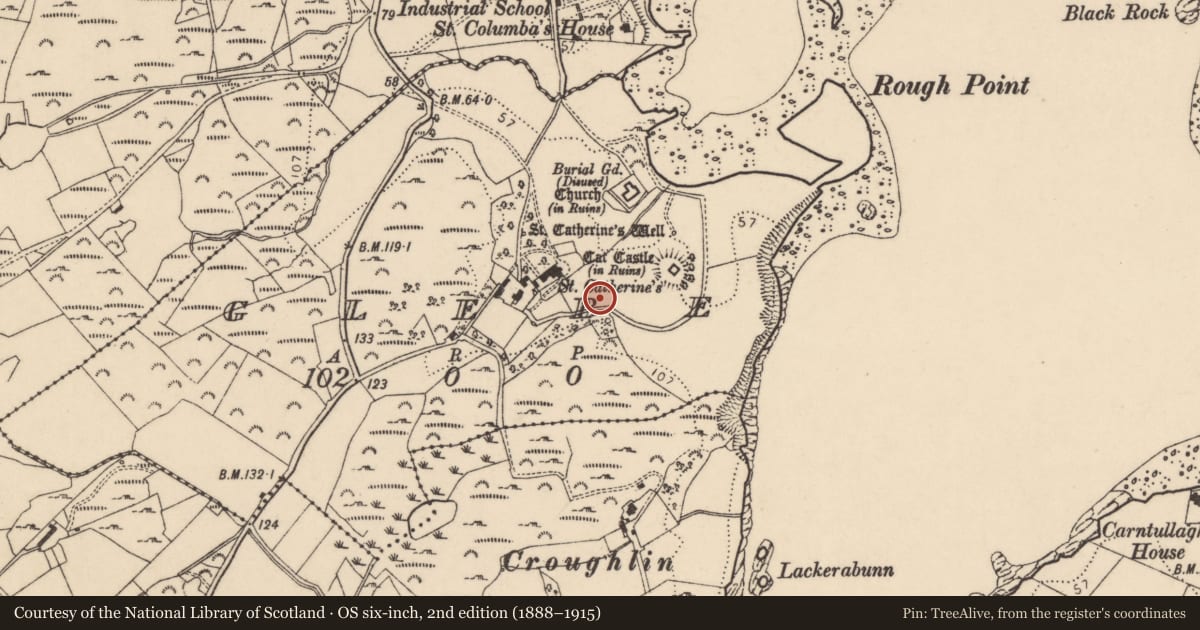 Ordnance Survey six-inch map, 2nd edition (1888–1915) covering the location of Burnt mound, Glebe, County Donegal, with a pin at the register's coordinates