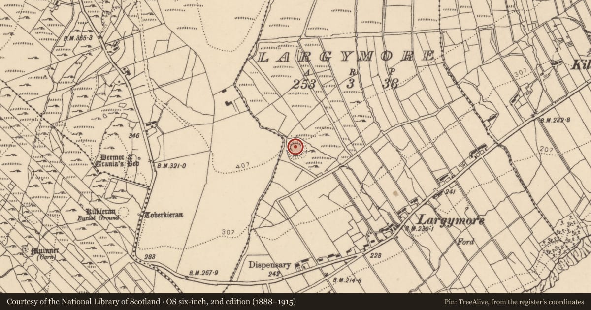 Ordnance Survey six-inch map, 2nd edition (1888–1915) covering the location of Ringfort - rath, Largymore, County Donegal, with a pin at the register's coordinates