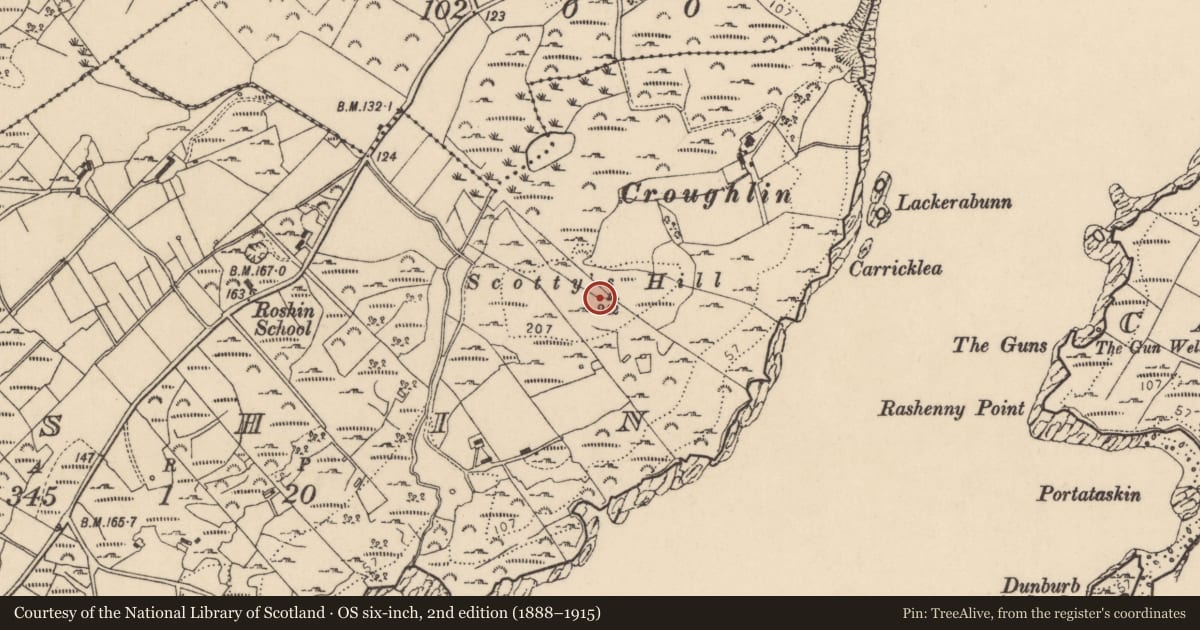 Ordnance Survey six-inch map, 2nd edition (1888–1915) covering the location of Enclosure, Roshin, County Donegal, with a pin at the register's coordinates