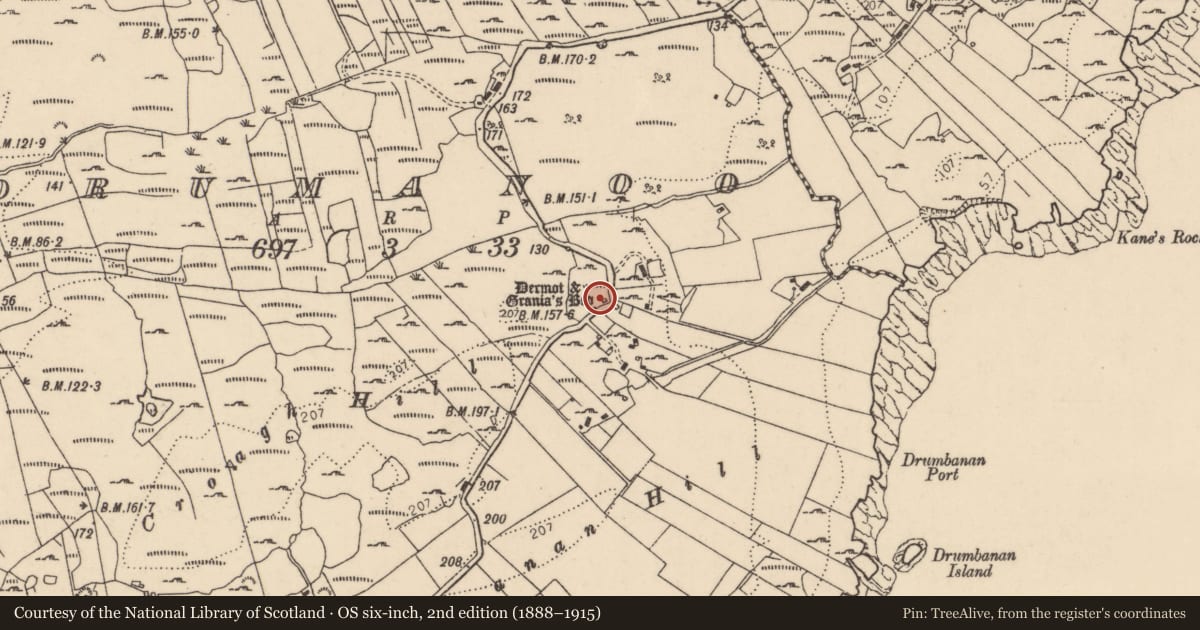 Ordnance Survey six-inch map, 2nd edition (1888–1915) covering the location of Megalithic tomb - court tomb, Drumanoo, County Donegal, with a pin at the register's coordinates