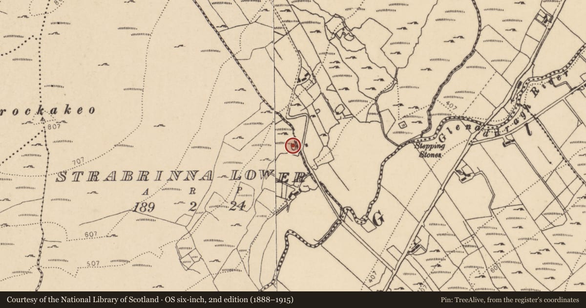 Ordnance Survey six-inch map, 2nd edition (1888–1915) covering the location of Enclosure, Srath Bruithne Íochtarach, County Donegal, with a pin at the register's coordinates