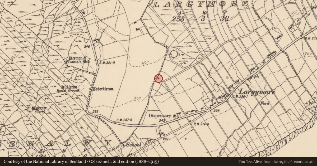 Ordnance Survey six-inch map, 2nd edition (1888–1915) covering the location of Sweathouse, Largymore, County Donegal, with a pin at the register's coordinates