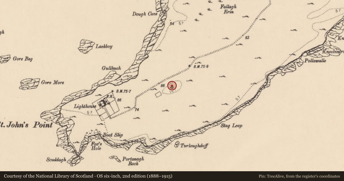 Ordnance Survey six-inch map, 2nd edition (1888–1915) covering the location of Cairn - burial cairn, Point, County Donegal, with a pin at the register's coordinates