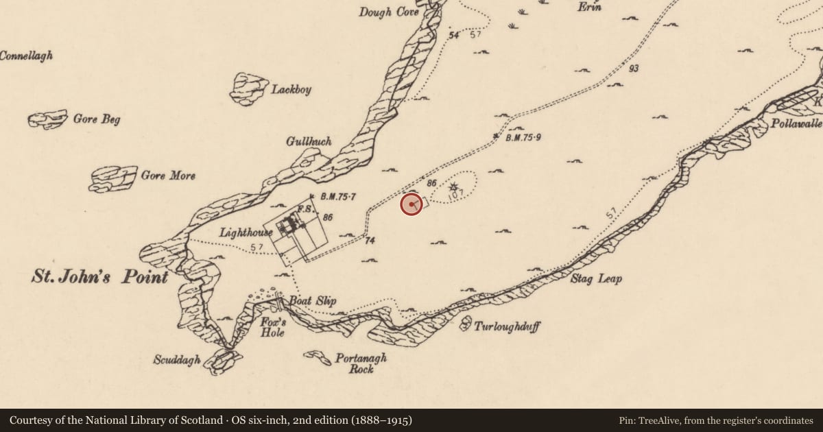 Ordnance Survey six-inch map, 2nd edition (1888–1915) covering the location of Signal tower, Point, County Donegal, with a pin at the register's coordinates