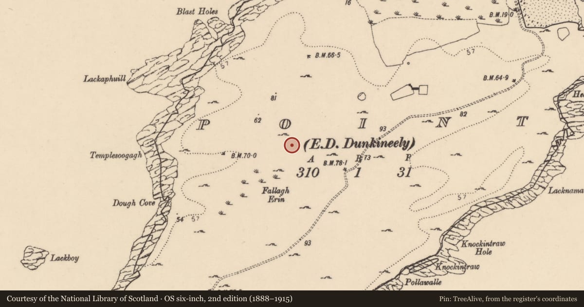 Ordnance Survey six-inch map, 2nd edition (1888–1915) covering the location of Enclosure, Point, County Donegal, with a pin at the register's coordinates